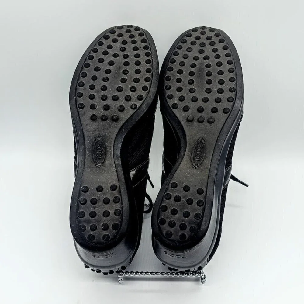 Tod's Black Italian Suede Leather Mesh Wedge Sneakers